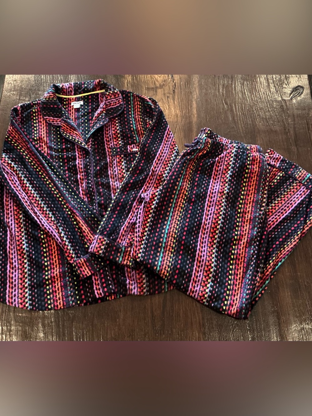 DKNY Multicolor Fleece Pajama Set Large Button Front Top & Pants